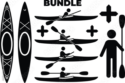 Kayak and Paddleboard Silhouette Bundle Featuring Athletes Rowing Top View Icons and Stand Up Paddle Boarding Vector for Water Sports