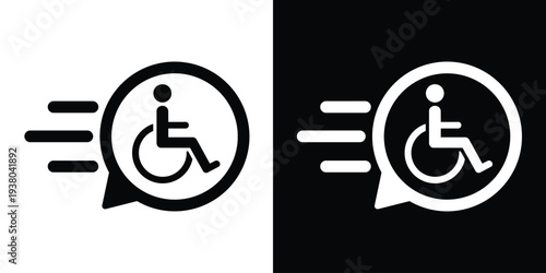 Disabled person in wheelchair icon with speed lines in a speech bubble. Black and white set symbolizing fast accessible transport and medical mobility services for people with disabilities.