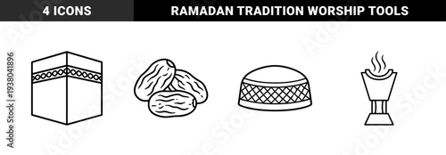 Islamic cultural and religious observance symbols featuring dates fruit, Kaaba sanctuary, incense burner, and prayer cap in bold monoline style.