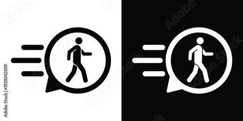 Walking man pedestrian icon with motion lines inside a speech bubble. Minimalist black and white design representing fast walking, commuting, delivery, and active lifestyle movement.