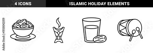 Ramadan and Islamic cultural traditions featuring dates bowl, incense burner, milk glass, and prayer drum. Minimalist bold monoline aesthetic for religious holiday design.