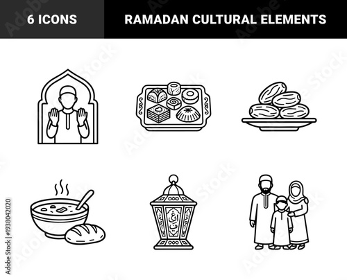 Ramadan cultural traditions and Islamic religious observance elements. Minimalist monoline pictograms featuring dates, prayer, family, and qibla compass.