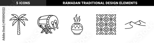 Islamic heritage and middle eastern culture line art featuring palm tree, bedug drum, incense burner, batik pattern, and desert dunes.