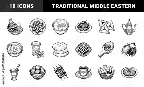 Middle Eastern culinary tradition and Ramadan feast elements. Hand-drawn woodcut style featuring dates, hummus, tagine, baklava, and Turkish coffee.