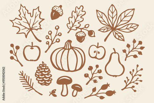 Autumn nature set naive outline sketch vector illustration