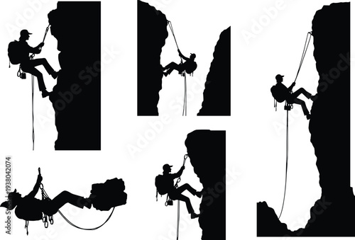 Rock Climbing Silhouette Set Featuring Mountaineers Rappelling Down Cliffs and Abseiling for Extreme Outdoor Sports Adventure and Mountain Tourism Branding