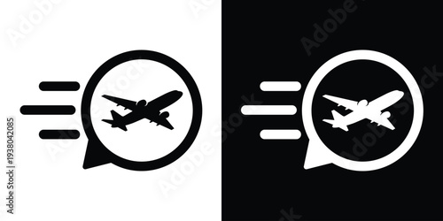 Airplane taking off icon with speed lines inside a speech bubble. High-quality black and white vectors for fast travel, air transport, global logistics, and vacation booking services.