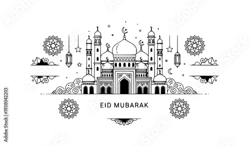 Islamic Eid Mubarak festival greeting template with mosque dome crescent and lantern vector illustration