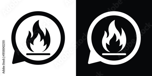 Flame fire icon inside a speech bubble. Black and white vector representing trending topics, hot news, or heat warnings. Great for social media trends and emergency alert UI design.