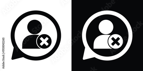 User profile icon with a cross mark in a speech bubble. Black and white vector representing account deletion, blocked users, or removing a contact. Ideal for UI and app interface design.