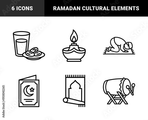 Islamic religious observance and Ramadan traditions featuring prayer rug, suhoor dates, and festive greetings. Monoline black and white graphic elements.