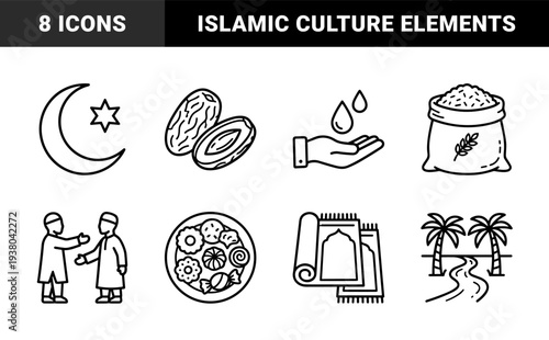Ramadan and Islamic holiday tradition elements featuring moon star dates water offering and zakat rice in a clean monoline aesthetic.