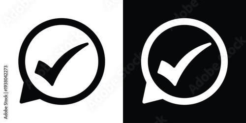 Checkmark tick icon inside a speech bubble. Minimalist black and white vector symbol for approval, success, verification, and completed tasks. Perfect for business and web checklists.