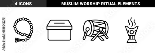 Islamic religious symbols and cultural traditions featuring prayer beads, charity box, incense burner, and ceremonial drum in monolinear outline style.