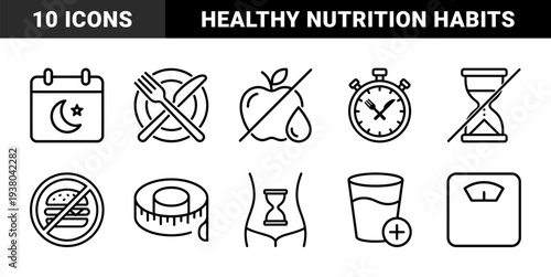 Intermittent fasting and metabolic health tracking symbols. Technical monoline pictograms for weight loss, nutrition scheduling, and healthy lifestyle monitoring apps.