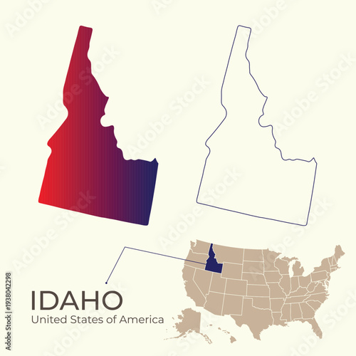 Idaho the state of USA, solid silhouette map of country area and outlined map, simple flat vector illustration for easy editing.