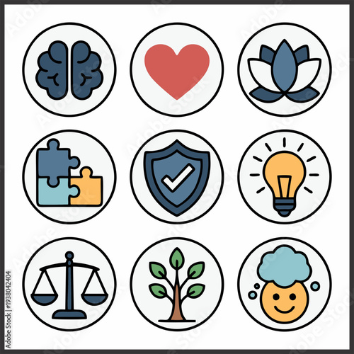 Mental Health and Psychology Icon Set – Stress, PTSD, Brain, Anxiety, Therapy, Nutrition, Security Vector Icons