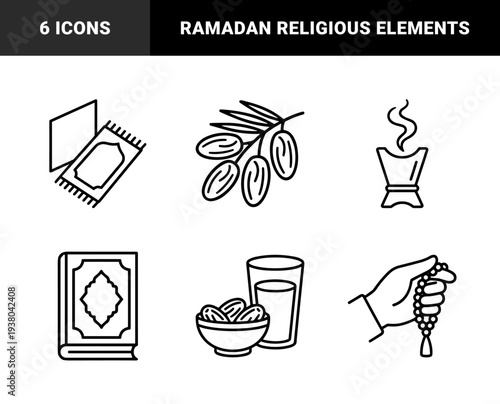 Ramadan and Islamic religious traditions line art elements. Monolinear cultural symbols featuring prayer rug, dates, incense burner, and Quran.