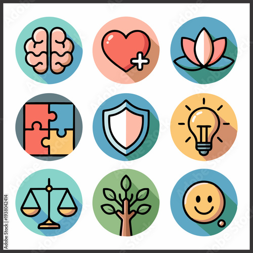 Mental Health and Psychology Icon Set – Stress, PTSD, Brain, Anxiety, Therapy, Nutrition, Security Vector Icons