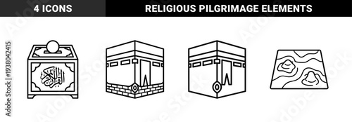 Islamic religious symbols and pilgrimage landmarks featuring the Kaaba and charity box. Minimalist bold line art for educational materials and cultural heritage projects.
