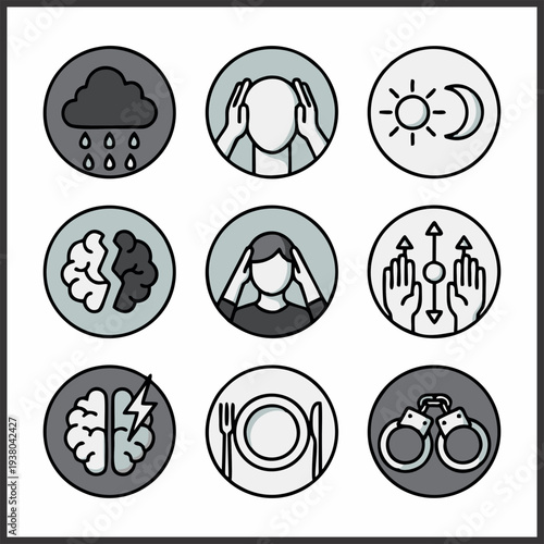 Mental Health and Psychology Icon Set – Stress, PTSD, Brain, Anxiety, Therapy, Nutrition, Security Vector Icons