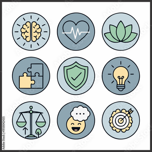 Mental Health and Psychology Icon Set – Stress, PTSD, Brain, Anxiety, Therapy, Nutrition, Security Vector Icons