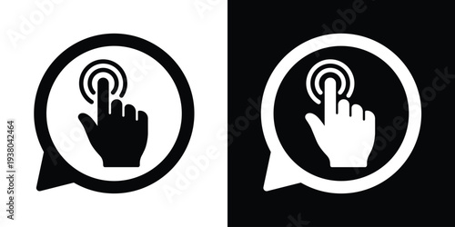 Hand pointer clicking a button inside a speech bubble. Modern black and white vector icons representing interactive interface, digital selection, user experience, and call to action.