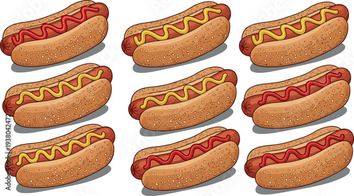 Hot dog fast food collection with sausage bun ketchup and mustard toppings street food snack cartoon vector illustration set
