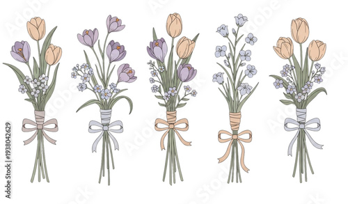 Preppy spring flower bouquet collection with ribbon bows vector clipart isolated on transparent background