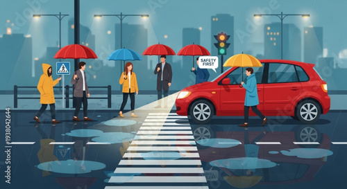 People with umbrellas crossing road with red car stopped at night city street