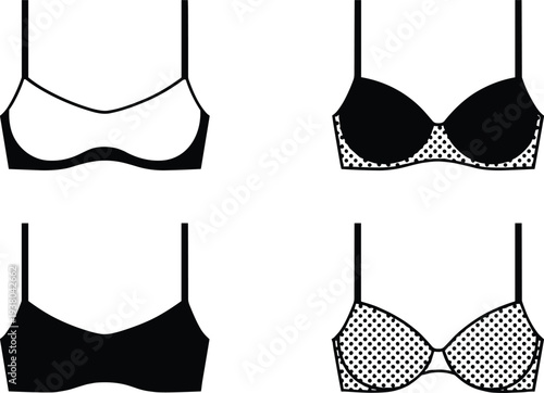 Set of Women Tank Top Technical Sketches and Lingerie Bra Icons, featuring Sleeveless Crop Tops, Scoop Necklines, and Underwear Vector Mockups.