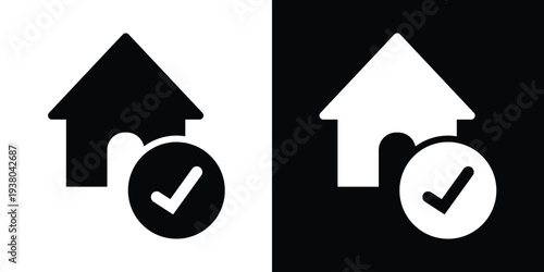 Home icon with a success checkmark badge. Black and white vector graphics for real estate approval, house purchase confirmed, property available, and successful home loan application.