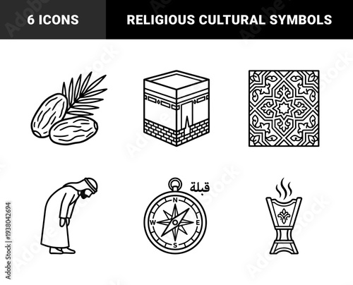 Islamic religious symbols and pilgrimage traditions in bold monoline style. Minimalist black and white graphics for Ramadan, Hajj, and Middle Eastern cultural heritage.