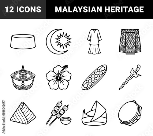 Malaysian cultural heritage and national symbols in a clean monoline aesthetic. Traditional ethnic elements for educational and travel storytelling designs.