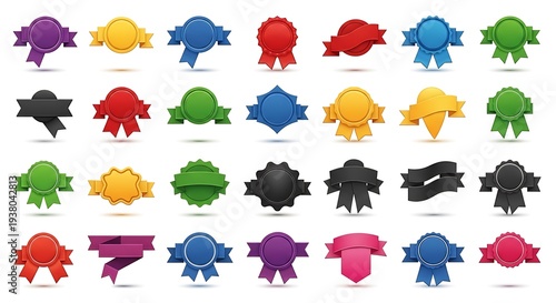 A collection of various colorful rosettes and ribbons, displayed on a clean white background