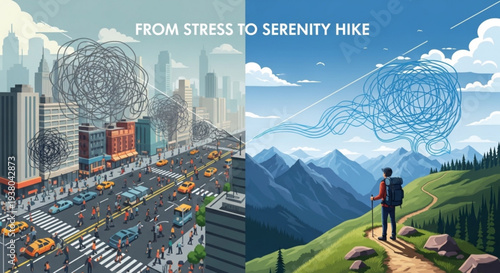 Stress to serenity hike city chaos to peaceful nature escape mental health concept