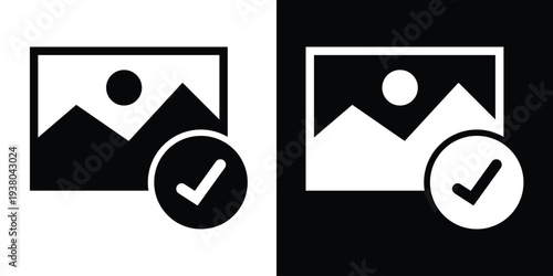 Flat vector illustration of a landscape photograph with a checkmark badge. Represents photo verification, image approval, successful upload, and media gallery management.