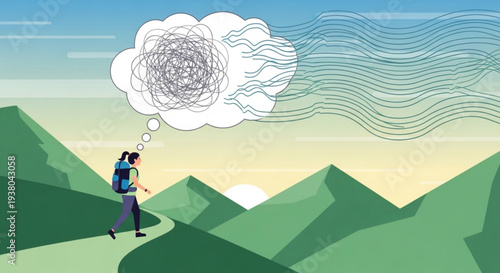 Person hiking with a confused thought bubble over a scenic mountain landscape