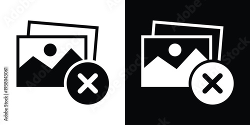 A landscape image file icon combined with a cross or "X" symbol. Designates rejected content, failed uploads, deleted photos, or image errors for UI/UX applications.