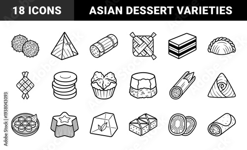 Traditional Southeast Asian snacks and street food delicacies. Monolinear black and white illustrations of Malaysian kuih, ketupat, and regional desserts.
