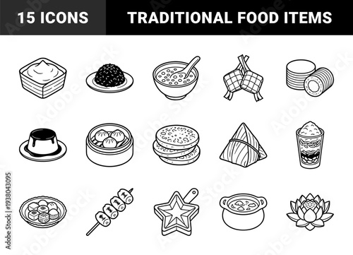 Asian street food and traditional dessert line art elements. Minimalist monoline illustrations featuring dim sum, ketupat, zongzi, and regional culinary delicacies.