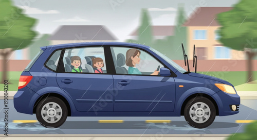 Family in blue car driving on suburban street with children in backseat on a gray cloudy day