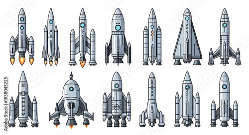 Collection of diverse rocket spacecraft designs for space exploration.