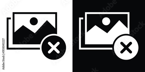 A landscape image file icon combined with a cross or "X" symbol. Designates rejected content, failed uploads, deleted photos, or image errors for UI/UX applications.