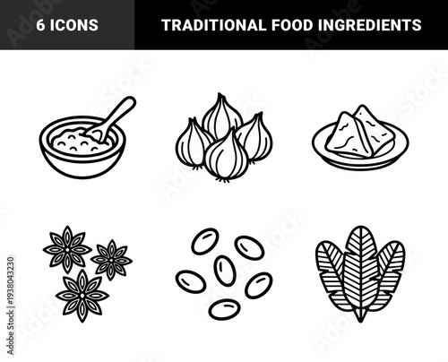 Traditional Indian spices and culinary ingredients in a bold monoline aesthetic. Stylized graphic elements of samosas, chutney, garlic, star anise, and peppercorns for food branding.