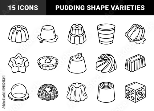 Gelatin desserts and gourmet puddings in various shapes. Minimalist bold line art featuring panna cotta, jelly molds, and custard delicacies for culinary branding.