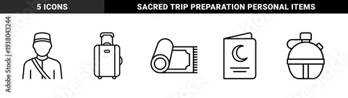 Hajj and Umrah pilgrimage essentials for religious education and travel guides. Technical monoline pictograms featuring prayer rug, suitcase, pilgrim, passport, and water flask.