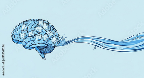 Brain with flowing water stream symbolizing ideas and creativity on a light blue background with a calming effect