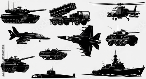 Collection of military vehicles and aircraft silhouettes.