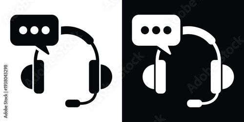 Vector flat icon of a headset with a speech bubble and ellipsis. Minimalist design representing customer service, telemarketing, online support, and communication in black and white styles.